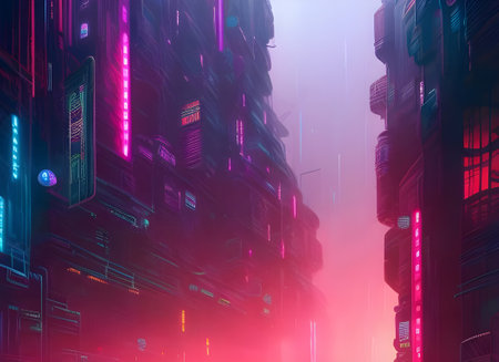 crowded tall buildings in a cyberpunk style city at night with ...