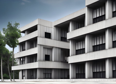 conceptual illustration of a large concrete brutalist urban building housing estate or campus design. generative ai.の素材