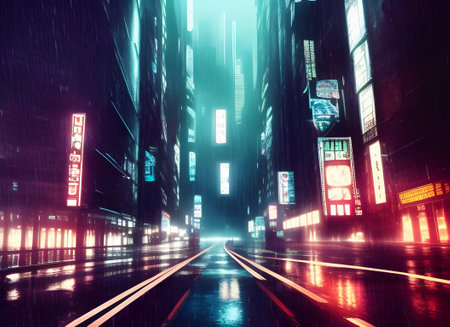 tall buildings along a wet road in a futuristic modern city at night with illuminated skyscrapers and glowing neon lights and signs. generative aiの素材