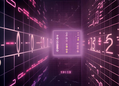 glowing neon purple cyberspace network visualization concept with data and numbers abstract graphic design, generative aiの素材