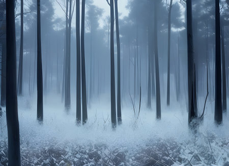 atmospheric abstract paining of a winter forest with trees shrouded in mist and frozen ground. generative ai illustration.の素材