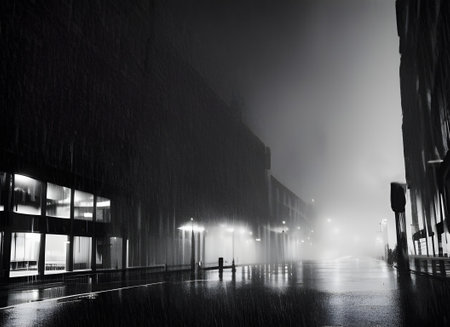 film noir style image of tall buildings along a wet road in a futuristic modern city at night with illuminated buildings and glowing lights reflected in the rain. generative aiの素材