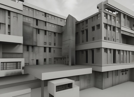 conceptual illustration of a large concrete brutalist urban building housing estate or campus design. generative ai.の素材