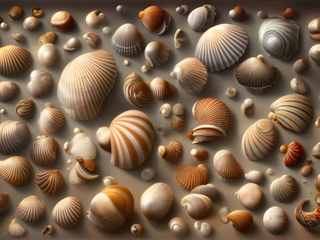 illustration of a large collection of exotic seashells covering a sand colored surround, background or wallpaper design. generative aiの素材