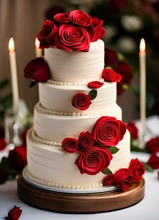 modern tiered wedding cake decoration with red marzipan roses on a wooden cake standの素材