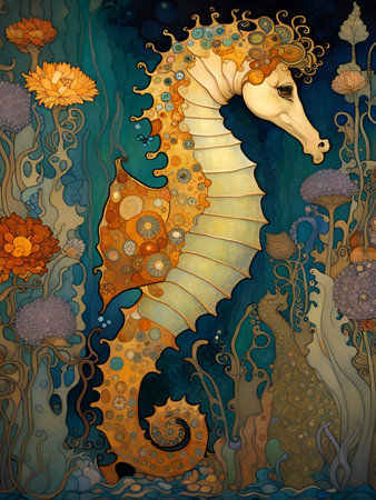 Decorative art nouveau illustration of a seahorse in profile in an ornate marine backgroundの素材