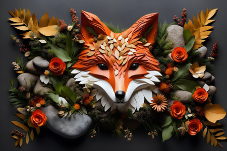an artistic collage style portrait of a fox made from stones, leafs, moss and twigs,の素材