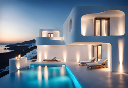 modern luxury Mediterranean villa designed in a white greek island style, upmarket vacation rental or property development conceptの素材
