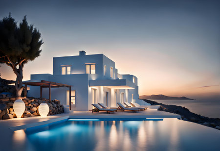 modern luxury Mediterranean villa designed in a white greek island style, upmarket vacation rental or property development conceptの素材