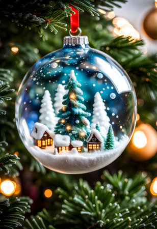 round glass christmas ornament hanging on a tree with a magical winter scene with snowflakes falling in a snow covered cottage and trees insideの素材