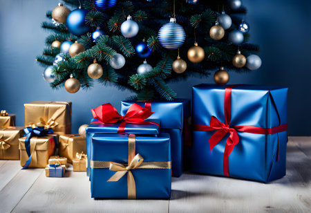 wrapped blue christmas gift parcels under a tree decorated with matching baublesの素材