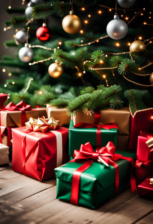 wrapped christmas gift parcels under a tree decorated with matching baublesの素材