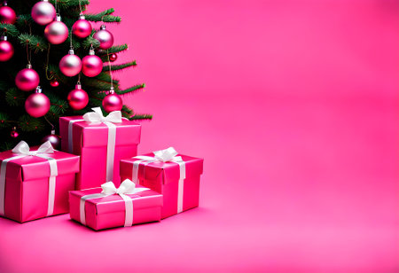 wrapped pink christmas gift parcels under a tree decorated with matching baublesの素材