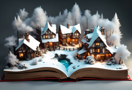 a winter fairy story coming to life on the pages of a magical open book with a snow covered wooden village surrounded by treesの素材