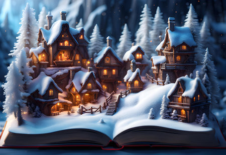 a winter fairy story coming to life on the pages of a magical open book with a snow covered wooden village surrounded by treesの素材