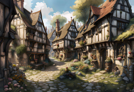 painting of a medieval town street in spring with ancient houses surrounded by flowersの素材