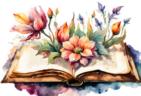 watercolor painting of a magical book with flowers coming to life on the open pagesの素材