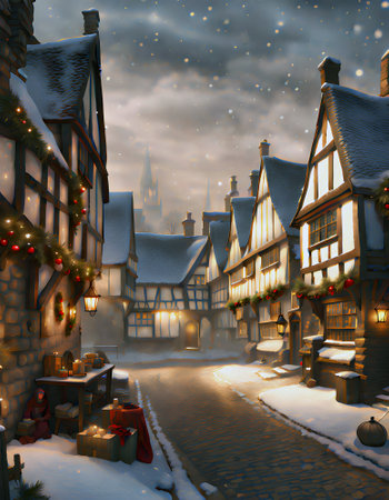 painting of a medieval town street in winter with ancient wooden houses covered in snow with christmas decorations on the housesの素材