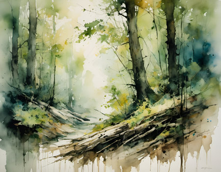 watercolor painting of woodland trees in the bottom of a valley in summerの素材