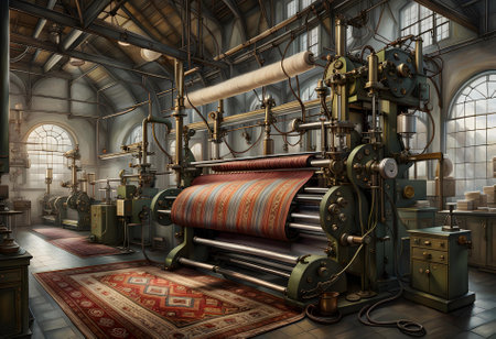 an old industrial carpet weaving machine in a factory buildingの素材