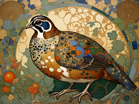 Decorative art nouveau illustration of a quail in an ornate decorative golden backgroundの素材