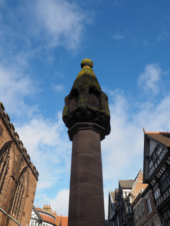 the medieval high cross in Chester at the junction of eastgate and watergate streetの写真素材