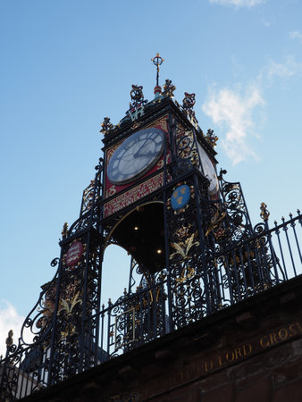 A close-up of the historic Eastgate Clock on the city walls in the historic city of Chester in the...