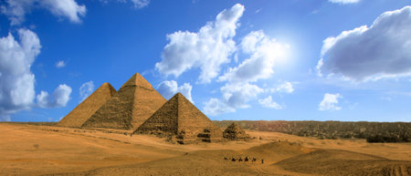 Magnificent view of the pyramids of Giza in Cairoの写真素材