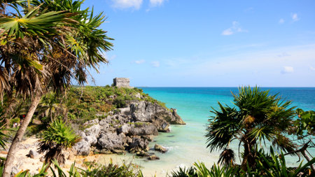 beach and temple of Tulum in Mexicoの写真素材