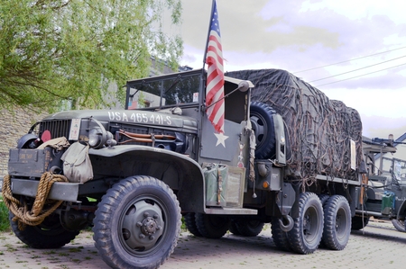 Old armored vehicle of the Second World War, the jeep with machine gun in the historical pageant "the column of liberation"のeditorial素材