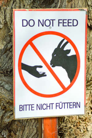 Billboard do not feed the goats in English and German hang on a treeの写真素材
