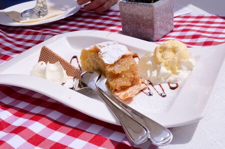 Strudel with a ball of vanilla ice cream and whipped creamの写真素材