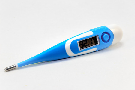 White and blue color temperature thermometer with digital screen on a white background