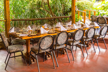 Table set on a jungle-colored terrace in a tropical environment in a restaurant in Nairobi, Kenyaのeditorial素材