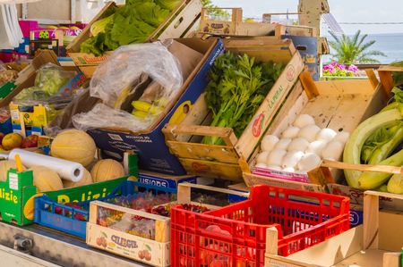 Castel di Tusa,Sicile,Europe-05/06/2018.Display of fruits and vegetables in the city of Castel di Tusa in Sicilyのeditorial素材