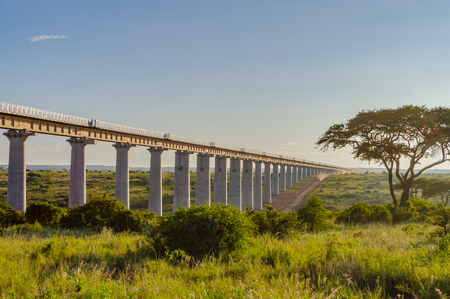 View of the viaduct of the Nairobi railroad to mombassa in the savannah of Nairobi Park in central Kenyaの写真素材
