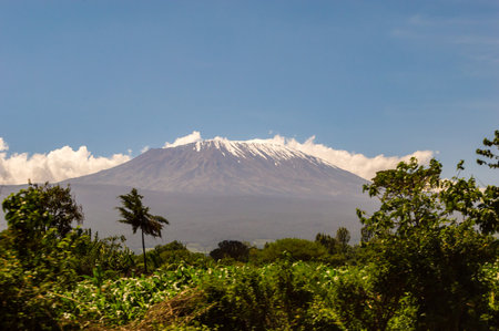 Snow capped Kenya's Kilimanjaro mountain under cloudy blue sky captured on Kenya Africa safari.の写真素材