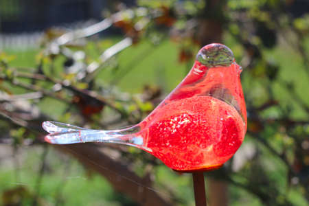 A closeup shot of a red glass bird decoration in the gardenの写真素材