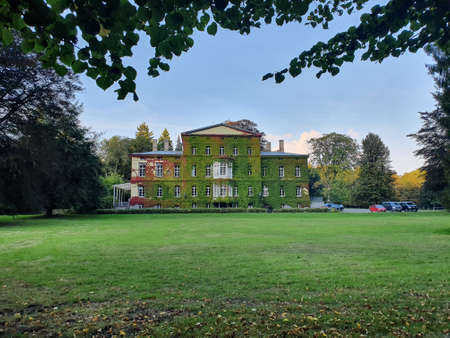 Old Building overgrown with wild wine with a big gardenの写真素材