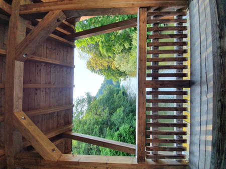 View from a old wood bridge at a small riverの写真素材