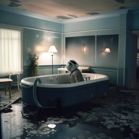 Abandoned hotel room with astronaut in bathtubの素材