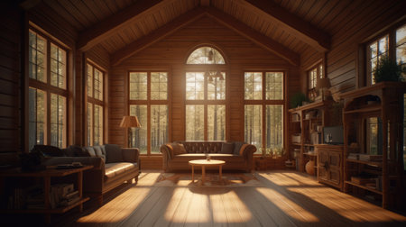 Interior of a wooden house with a large windowの素材