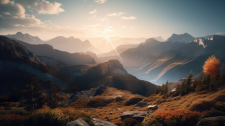 Mountain landscape. Panoramic view of the valley and mountains at sunset.の素材