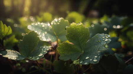 leaves with dew drops in the morning light.の素材