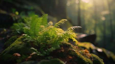 Green ferns growing on moss in the forest at sunrise.の素材