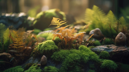 Fern and moss in the forest. Nature background. Selective focus.の素材