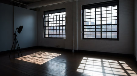 interior of a empty room with a large window and a spotlightの素材
