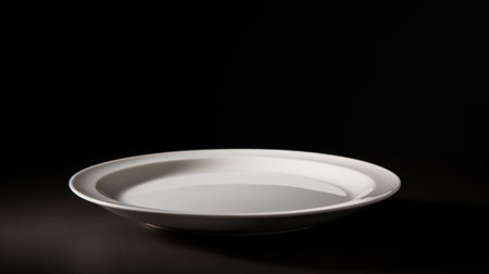 Empty white plate on a black background. Close-up shot.の素材