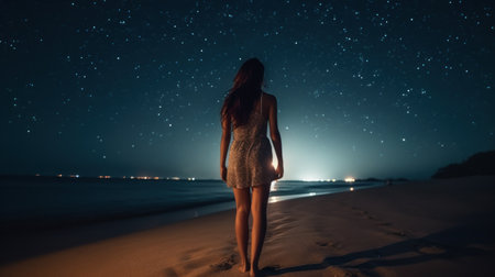 woman standing on the beach at night and looking at the starry skyの素材