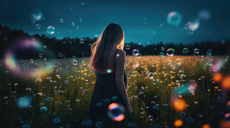 Young woman in a field of flowers with soap bubbles at night.の素材